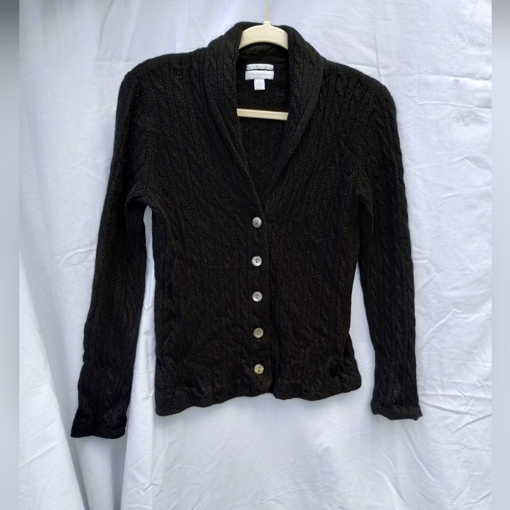 CHARTER CLUB Black 100% Cashmere Long Sleeve Shawl Collar Cardigan, size S